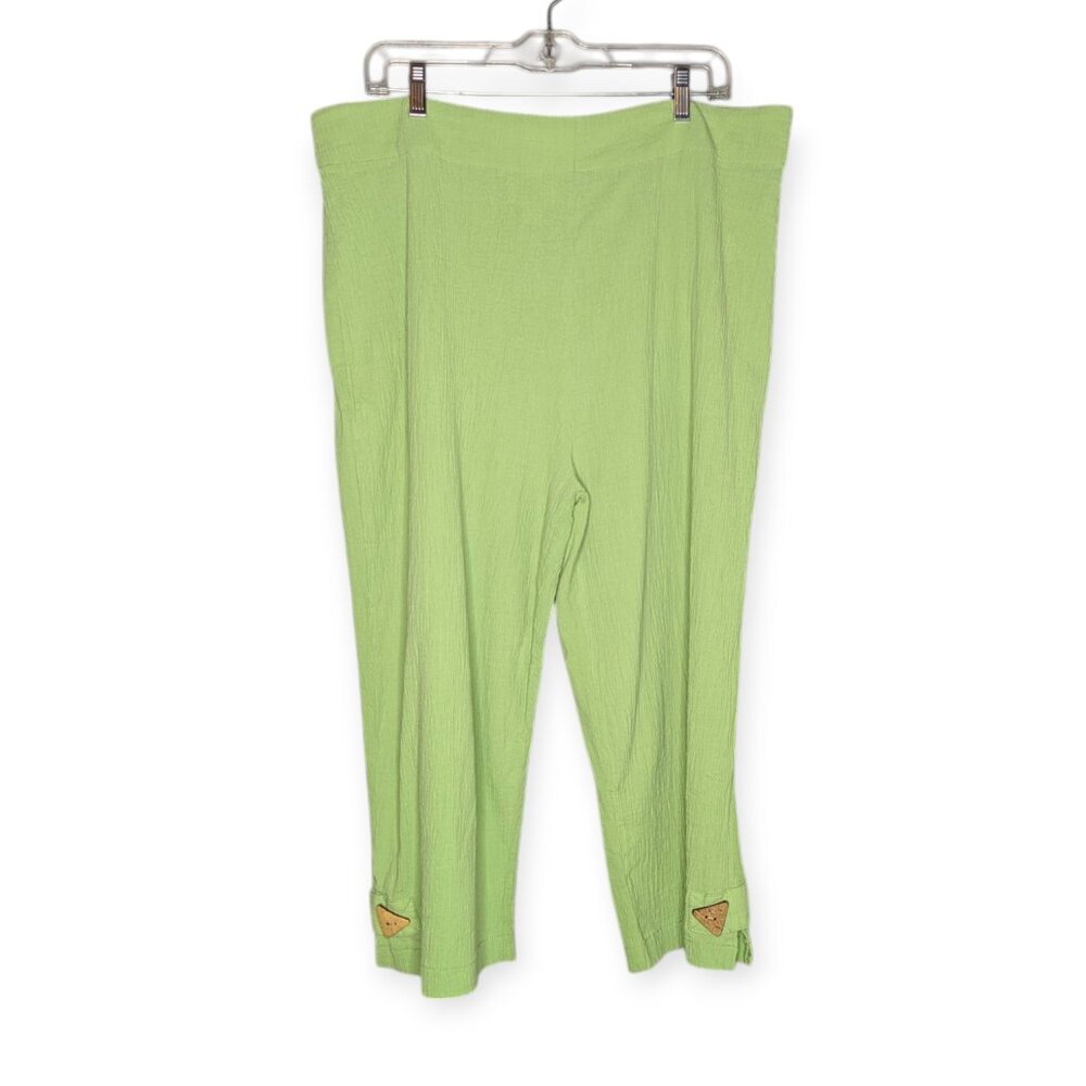 Casual Living 100% Cotton Bright Green Cropped Pants w/Wooden Buttons Size XL
